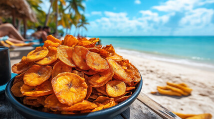 Poster - Close-up of a bowl filled with golden fried plantain chips on a sunny beach background with palm trees and people relaxing.