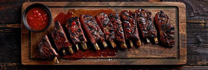 Sticker - Sliced BBQ dry aged Wagyu porterhouse steak with chili and hot spice sauce on a rustic burnt wooden cutting board