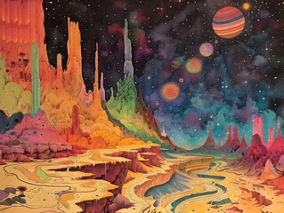 Canvas Print - Cosmic Landscape with Planets and Stars.