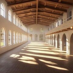 Poster - Large Empty Hall with Wooden Beams and Arch Windows