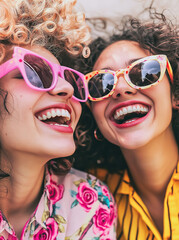 Two stylish young women with retro curly hairstyles and pastel sunglasses, sharing a joyful laugh.