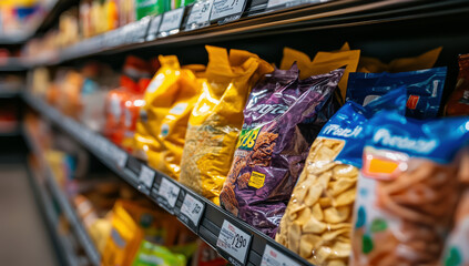 A grocery store shelf full of snacks, with colorful packaging