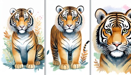 Collection of three watercolour paintings of brown cute tiger