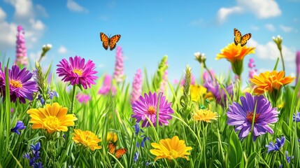 nature background featuring a vibrant springtime meadow with diverse wildflowers in bright yellows, 