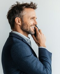 Businessman talking on cell phone with happy expression isolated on white