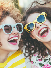  Lively photo of two young women with curly hair and pastel sunglasses, enjoying a hearty laugh. Their casual attire features fun patterns like pink roses and yellow stripes, set against a bright and 