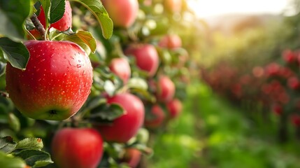 Wall Mural - A close-up of a red apple with water droplets hanging on it. It is surrounded by other apples and green leaves in an orchard.