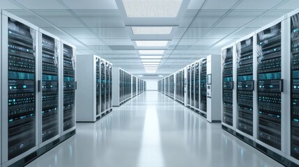  High-tech data center with racks of servers and cooling systems, clean and organized layou