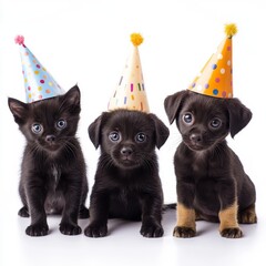 Wall Mural - On a white background, a dog and cat are sitting together with a cake for their birthdays.