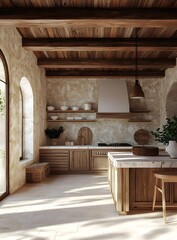 Wall Mural - Modern Farmhouse Kitchen with Wooden Beams and Stone Wall