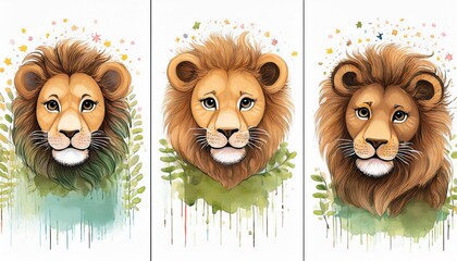 Collection of three watercolour paintings of brown cute lion