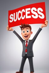 Wall Mural - 3D cartoon character holding a “Success” banner overhead. Made with generative AI technology