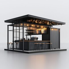 8k 3d rendering illustration container 40ft 40 feet of kiosk, cafe, bar, food court, cafeteria, booth, restaurant with industrial black metal color and white isolated background architecture