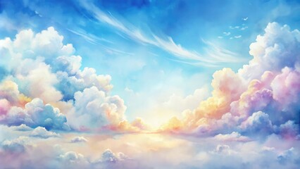 Watercolor summer sky background with fluffy clouds perfect for wallpaper, watercolor, blue sky, clouds, summer