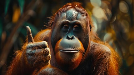 an orangutan giving a thumbs-up gesture, which is often associated with positivity and approval.