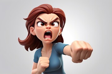 Wall Mural - Angry yelling cartoon character young woman with a clenched fist in 3D style design on a white background. Human people frustration anger concept. Made with generative AI technology