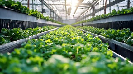 Wall Mural - Rows of fresh green lettuce thrive in a well-lit greenhouse, illuminated by soft morning sunlight.