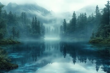 Wall Mural - enchanted mirror lake reflecting inverted world dreamlike forest with bioluminescent flora ethereal mist portal to parallel universe vibe