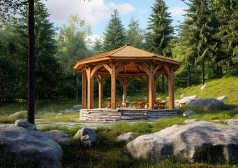 Poster - Wooden Gazebo in a Forest Setting