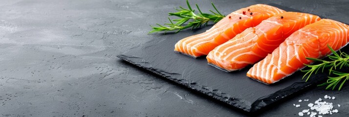 Three raw salmon fillets displayed on a black slate board with sprigs of rosemary and coarse salt.