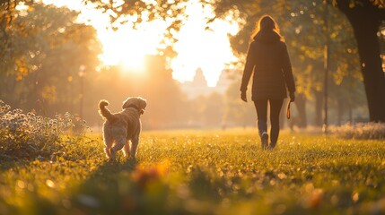 A person walking a dog in a white park setting