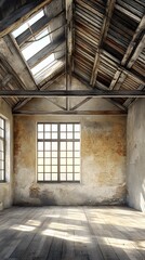 Wall Mural - Old Rustic Attic Interior With Wooden Beams And Windows