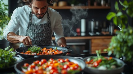 A person cooking a meal in a minimalist kitchen, white background