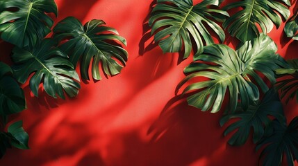 Wall Mural - Vibrant Monstera Leaves on a Bold Red Background