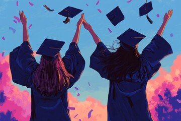 illustration of a two female college students and best friends graduating together