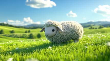 Cute Cartoon Sheep Standing in a Lush Green Meadow with a Blue Sky and White Clouds.