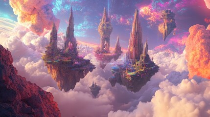 Wall Mural - Fantasy Floating Cities in a Dreamlike Sky with Colorful Clouds and Stars