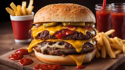 A classic american cheeseburger with fries ketchup and mustard on a wooden table, AI Generated