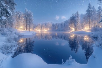 Wall Mural - enchanted winter lake scene under a starry night sky with snowcovered trees reflecting on still wate