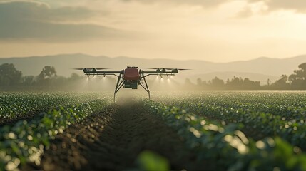 Wall Mural - Automated drone spraying fertilizers in a large agricultural area.