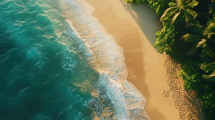 Wall Mural - Gentle waves lap against the shore as golden sands stretch beneath palm trees in a peaceful coastal landscape