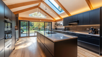 Wall Mural - A kitchen with a large island and skylight above the sink, AI