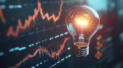 A glowing light bulb symbolizes innovative ideas and financial growth over a data graph representing market trends.