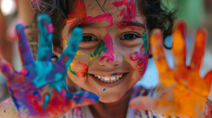 Close-up of a childâs face covered in finger paint, smiling as they show their colorful hands to the camera