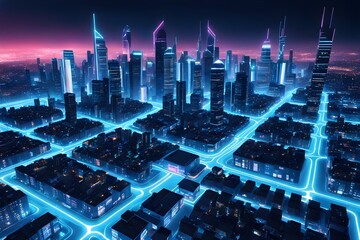 A cityscape with neon lights and buildings lit up in the night sky