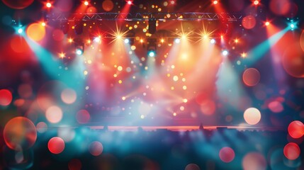 A blurred background of a empty concert venue with colorful stage lights, capturing the atmosphere of live music. Blurry, vibrant party light with bokeh blur effect at a festival or music event. 