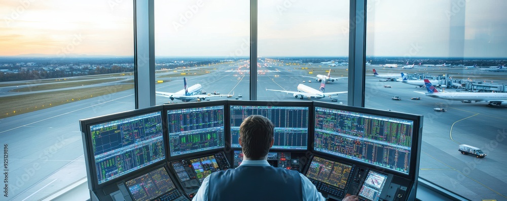 A view from an airport control tower, showcasing an air traffic ...