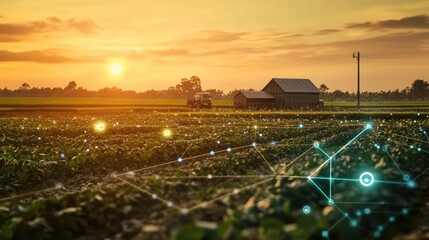 Wall Mural - Modern farm with a network of IoT devices for monitoring and management.