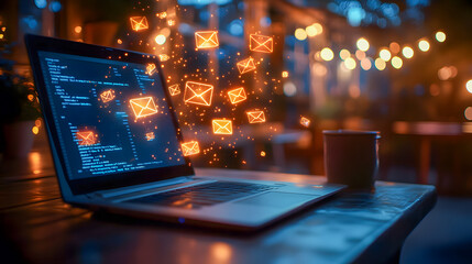 Laptop coding and programming in a futuristic digital workspace with glowing lights and abstract bokeh background  Technology software development cybersecurity and digital innovation concept