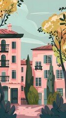 Wall Mural - Pink Houses with Green Trees and a Blue Sky