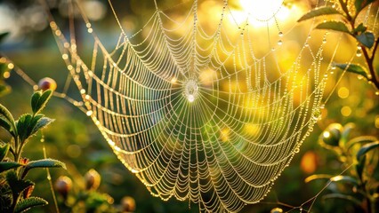 Dewy spiderweb glistening in sunlight , nature, spider, web, dew, water droplets, morning, garden, delicate, fragile, intricate
