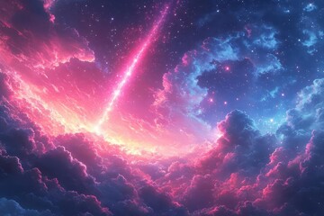 ethereal anime sky with falling star leaving trail of glowing particles dreamy pastel colors blending into cosmic background