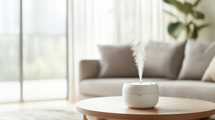 a stylish diffuser adds a calming atmosphere to a modern living room, emitting a gentle mist for rel