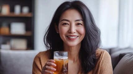 Wall Mural - A woman smiling while holding a glass of beer, AI