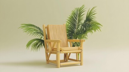 Bamboo Chair with Palm Leaves on a Green Background