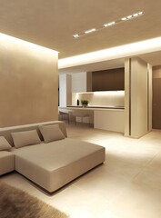 Wall Mural - Modern Minimalist Living Room Interior Design with Beige Sofa and Kitchen Counter